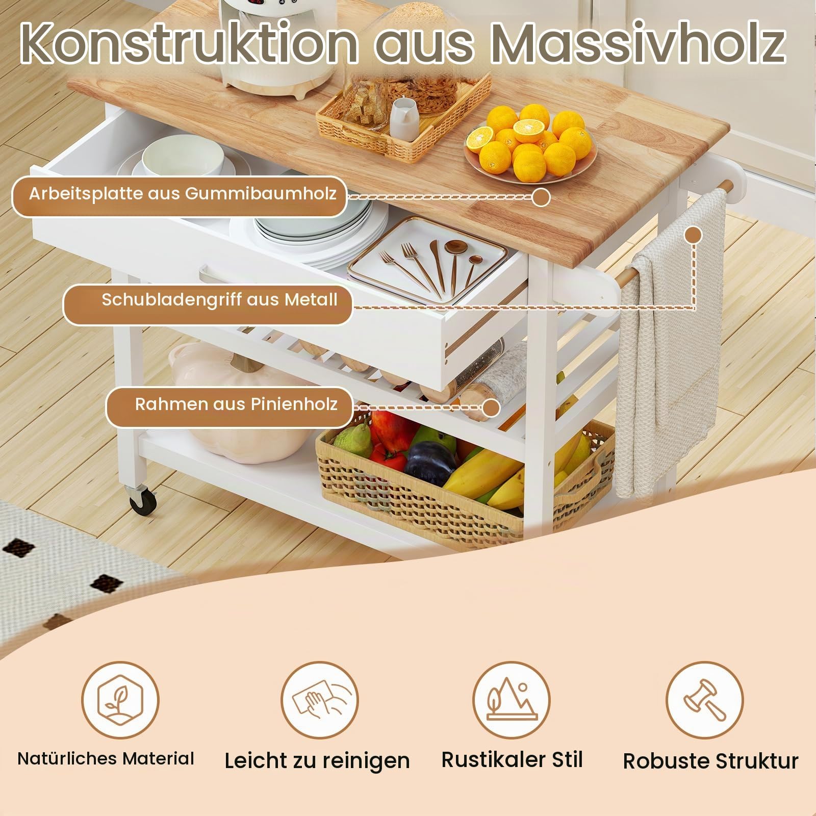 KOMFOTTEU Küchenwagen auf Rollen, Servierwagen mit Arbeitsplatte, Schublade, 2 offene Ablagen, Küchentrolley mit Griff, Küchenrollwagen für Küchen, Esszimmer