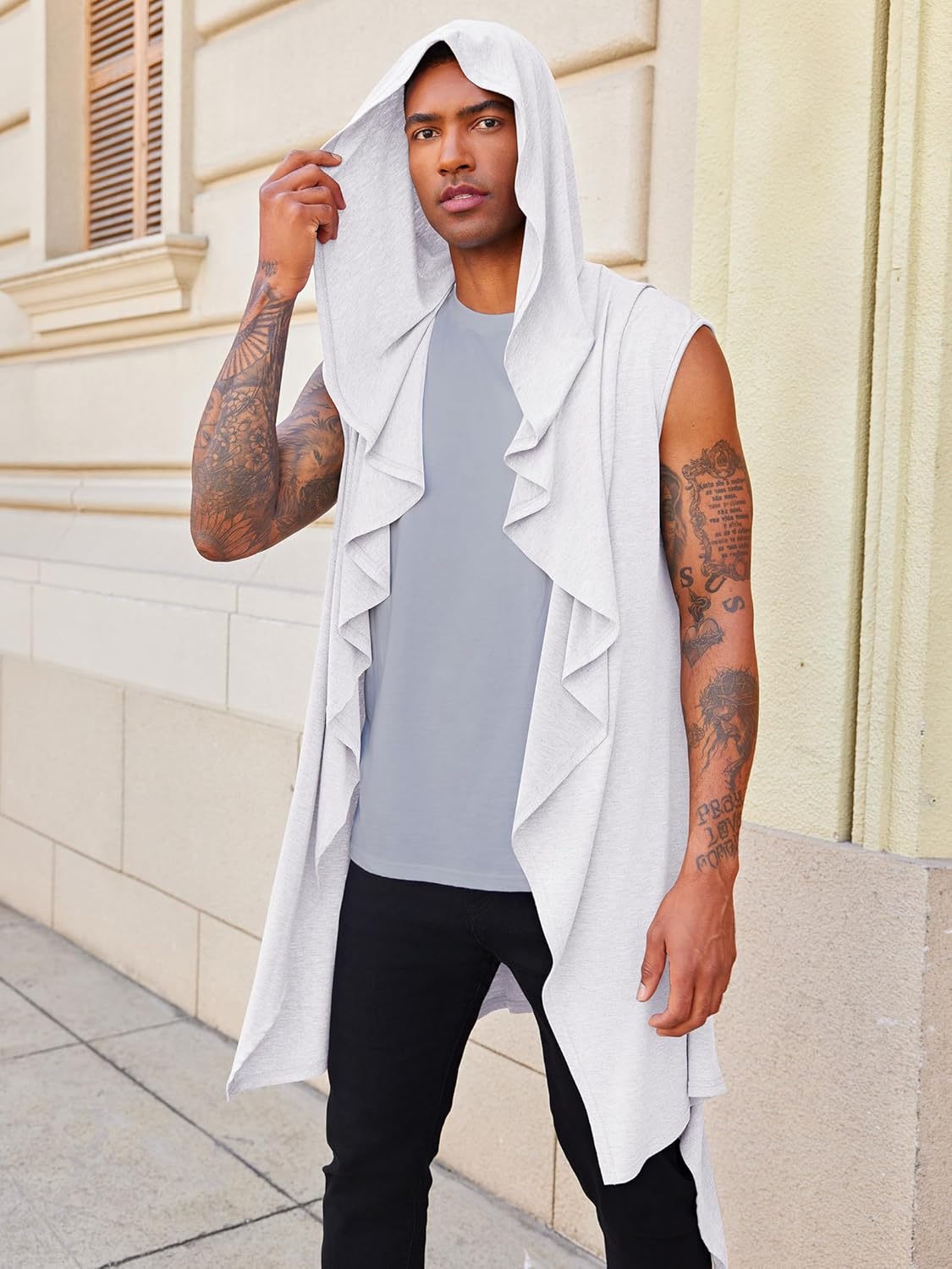 Runcati Mens Hooded Cardigan Sleeveless Ruffle Shawl Collar Open Front Knit Drape Robe - Image 5