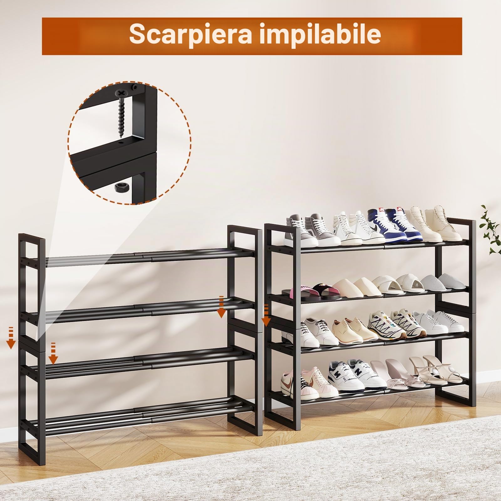 IBUYKE 2 Set di Scarpiera Espandibile, Organizer di Portascarpe Regolabile da 45-83cm, Salvaspazio Scarpiera Impilabile in Metallo per Armadio Corridoio Ingresso Soggiorno, Nero TXJ002B-2