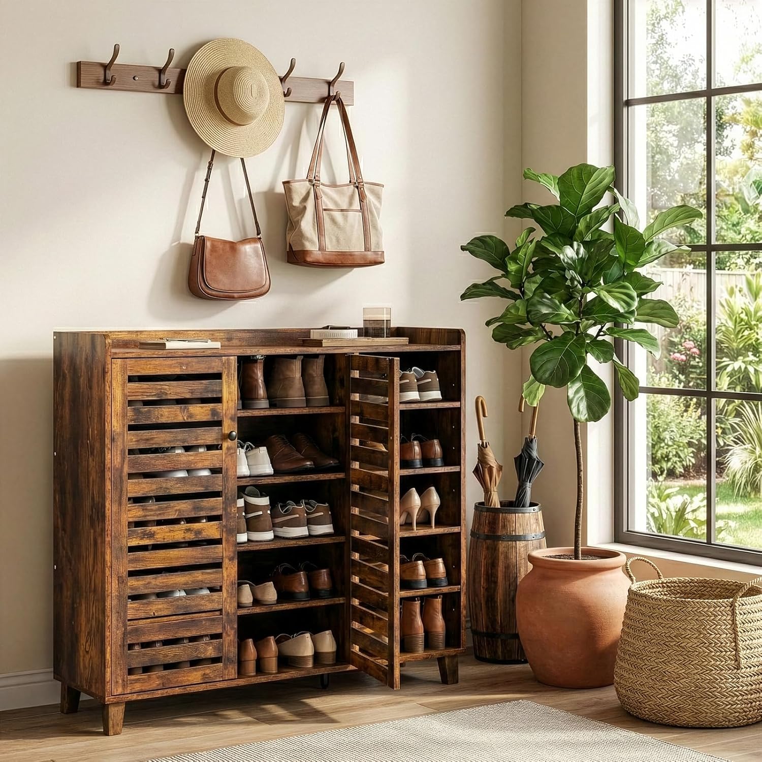 Karl home 5-Tier Shoe Storage Cabinet, Farmhouse Rack Organizer Cabinet with 5 Side Cabinets, Tabletop Baffle, Corrosion-Resistant Wood Finish, Hidden Storage for Entryway