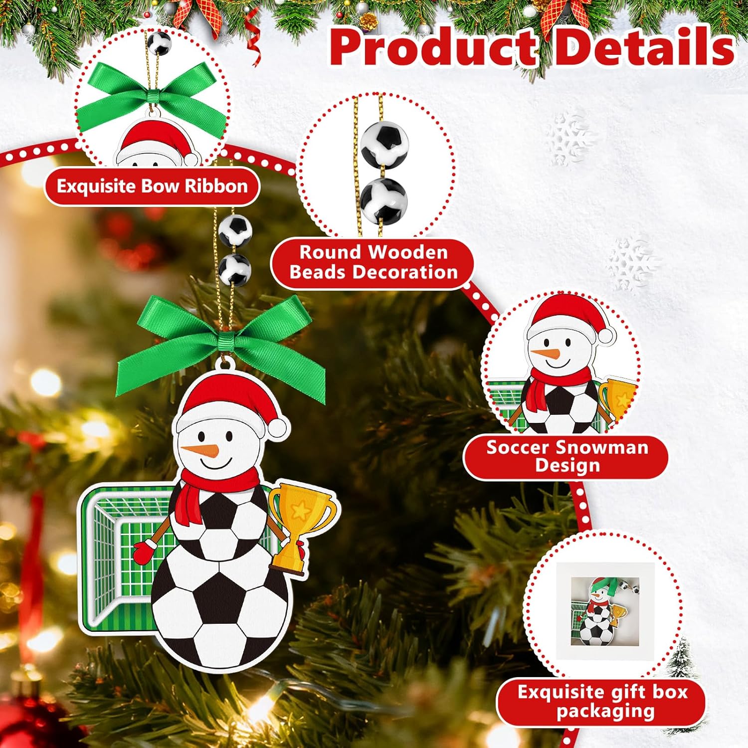 4.3 Inches Snowman Soccer Christmas Ornament, Wooden Soccer Snowman Tree Ornament Hanging Decoration for Rearview Mirror, Window, Eaves, Fireplace and Home Holiday Party Decor - Image 3