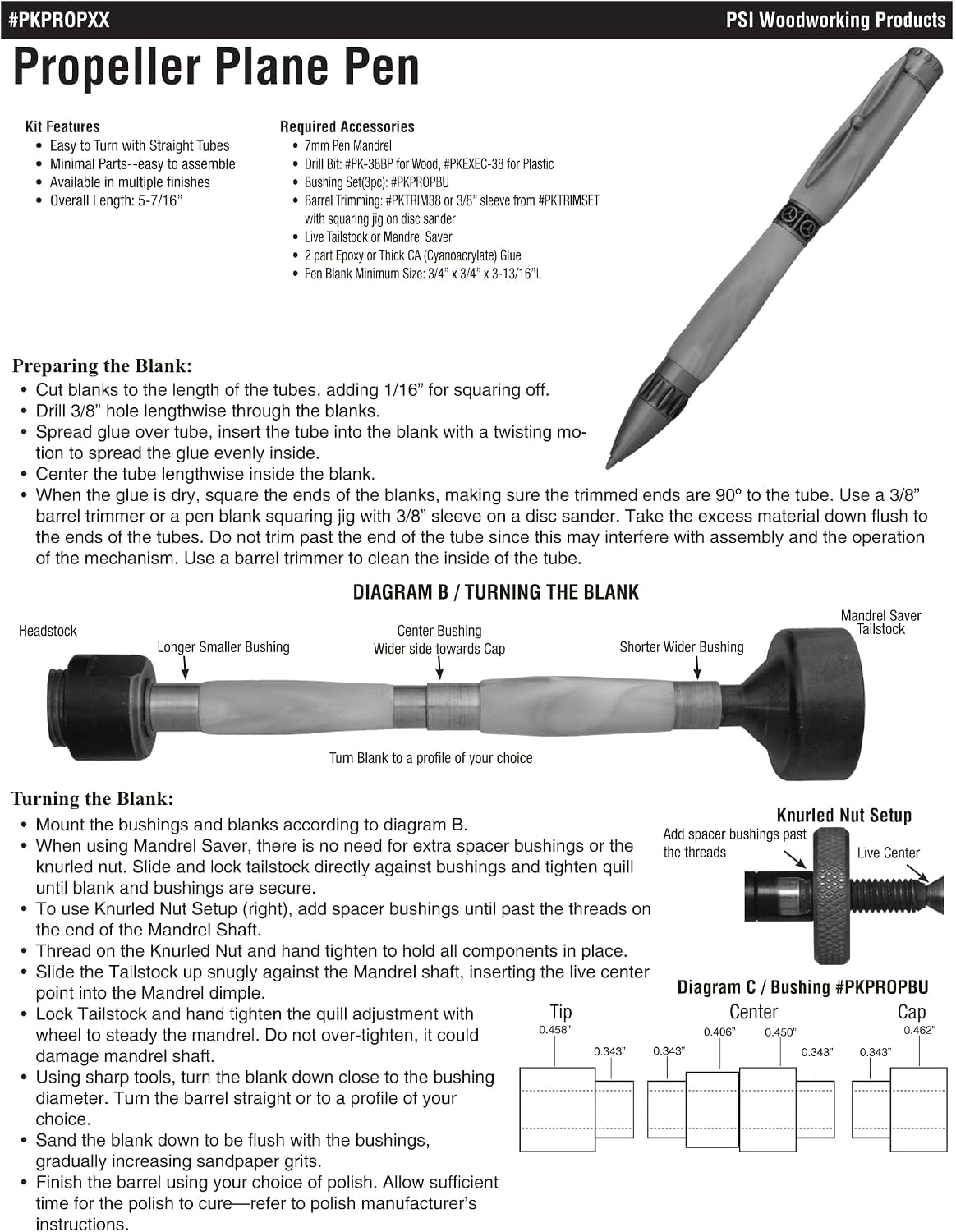 Penn State Industries PKPROPSS Propeller Airplane Twist Ballpoint Pen Kit Starter Package Woodturning Project