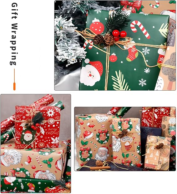 Christmas Wrapping Paper Sheets Xmas Gift Wrap Set, 70*50cm Luxury Traditional Red Blue Kraft Paper, Family Friends Present Decorations for Festival Holiday New Year Vintage Gifts Ornament for His/Her
