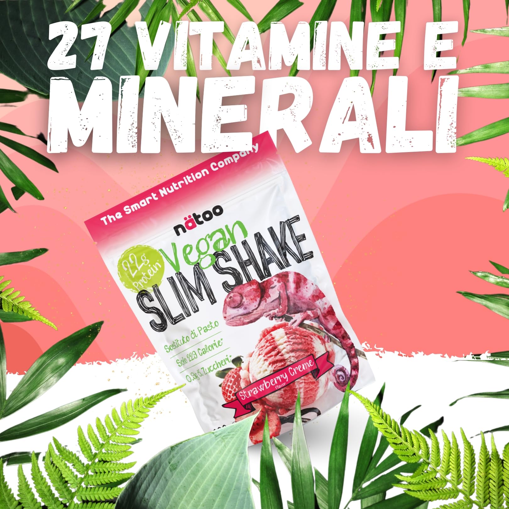 NÄTOO Pasto Sostitutivo Vegan Slim Shake Proteico - Sostituto di pasto completo per il controllo del peso a base di proteine vegetali con 27 minerali e vitamine - 600gr. (10 porzioni) (Fragola)