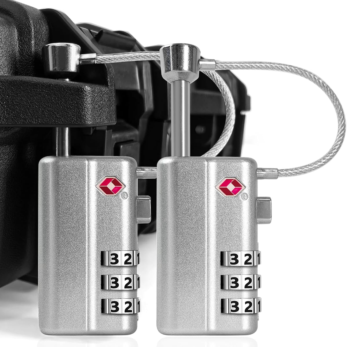 LAFENLIN TSA Cable Lock 2-Pack for Gun Cases, Adjustable Handle, Silver | TSA-approved Locks with Adjustable Alloy Handle for Hard Cases (No Key). 3-dial Combo, Cut-resistant, Weatherproof. Silver