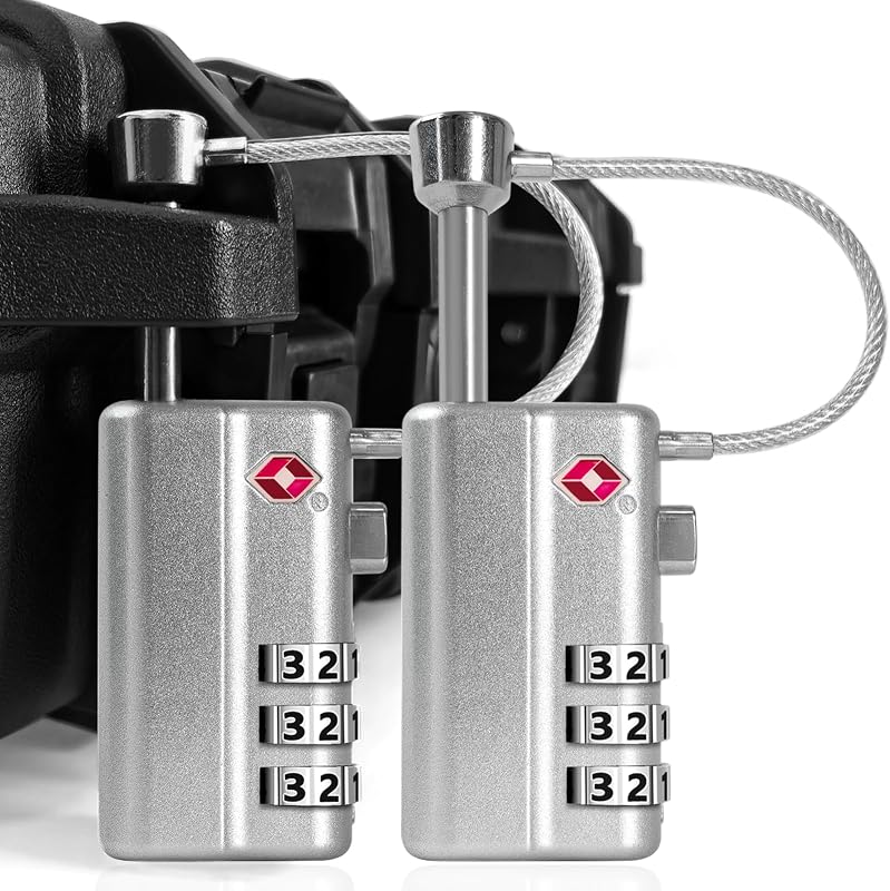 LAFENLIN TSA Cable Lock 2-Pack for Gun Cases, Adjustable Handle, Silver | TSA-approved Locks with Adjustable Alloy Handle for Hard Cases (No Key). 3-dial Combo, Cut-resistant, Weatherproof. Silver