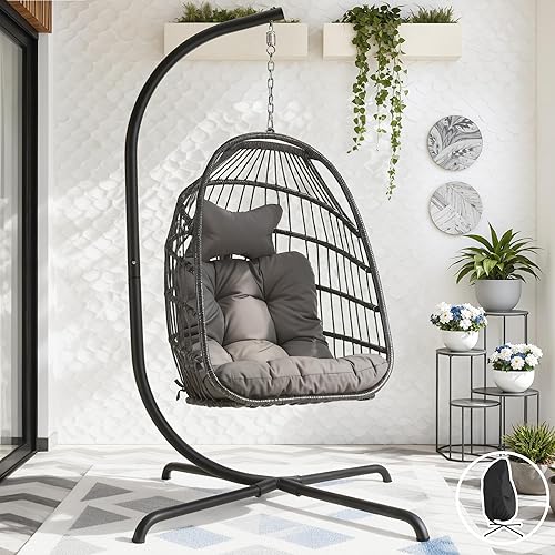 Miniatura 39 de Silla colgante de huevo, de mimbre y ratán, cojines resistentes a los rayos ultravioleta, capacidad de 350 libras, para dormitorio, balcón, patio