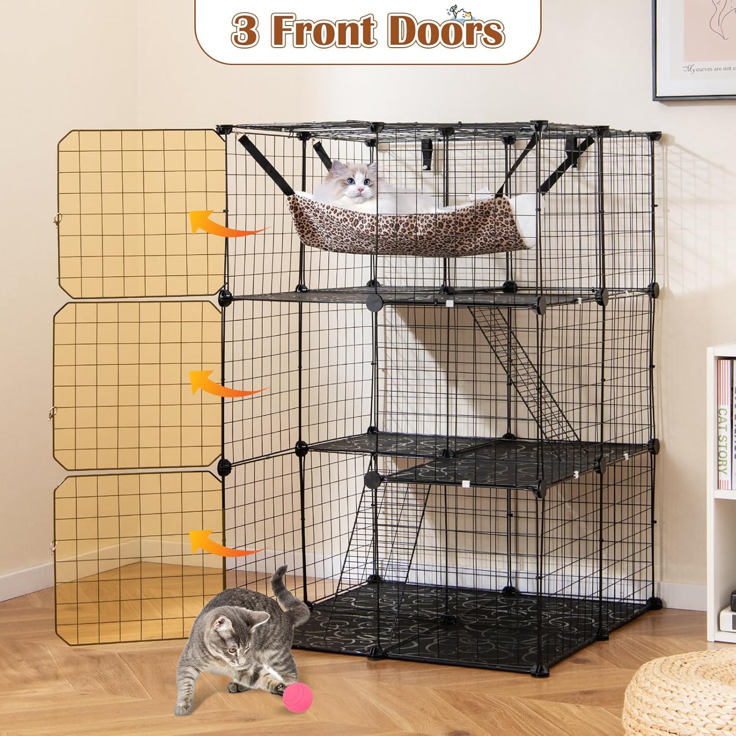 Tangkula Cat Cages Indoor, 3-Tier Cat Enclosure with Skylight, Extra Large Hammock, 2 Ladders, Detachable Metal Wire Kennel with 3 Lockable Doors, DIY Cat Crate & Pet Playpen Catio for 1-3 Cats Kitten