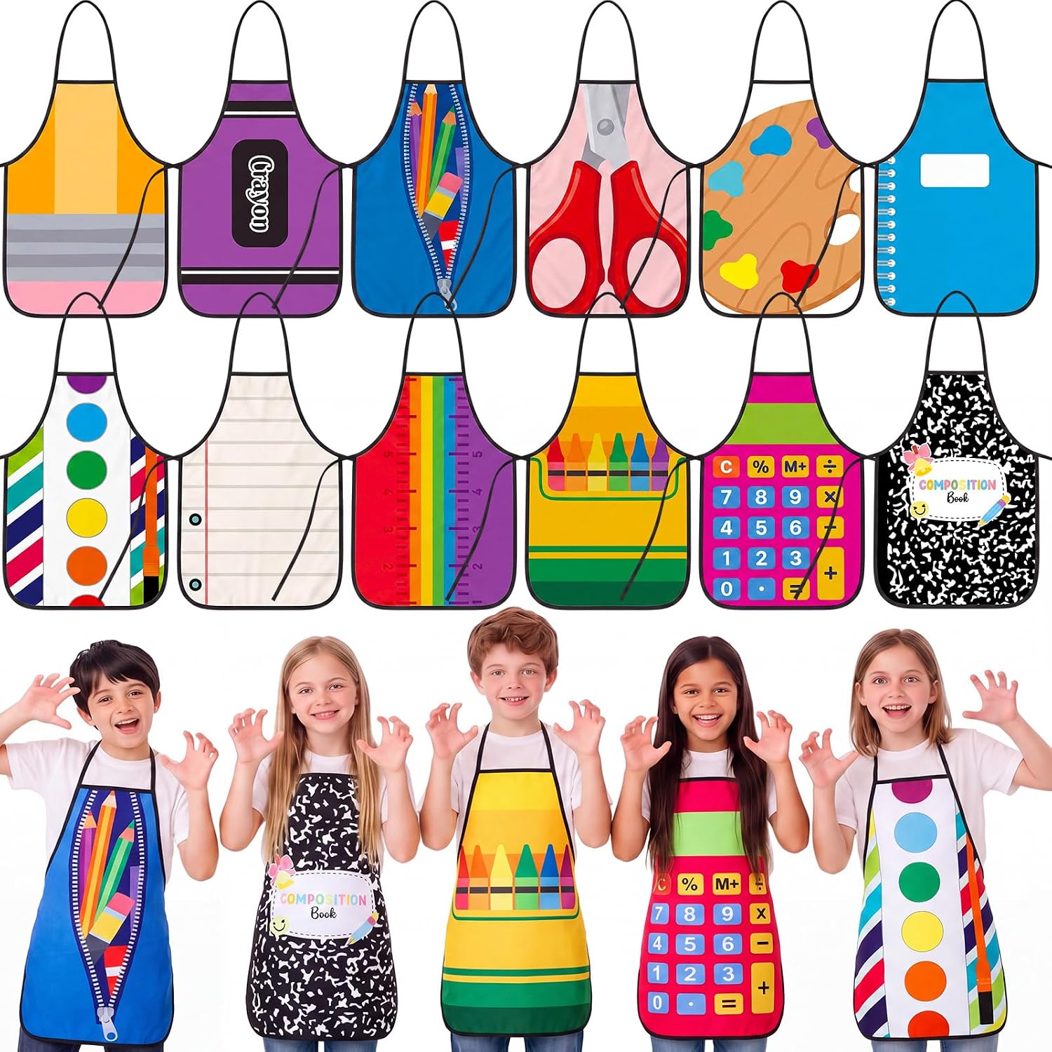 JenPen 12 Pcs Halloween Apron Costumes Bulk for Kids, Stationery Crayon Pencil Composition Notebook Apron Art Smocks Group Halloween Party Outfit for Kids Kindergarten School Dress Up