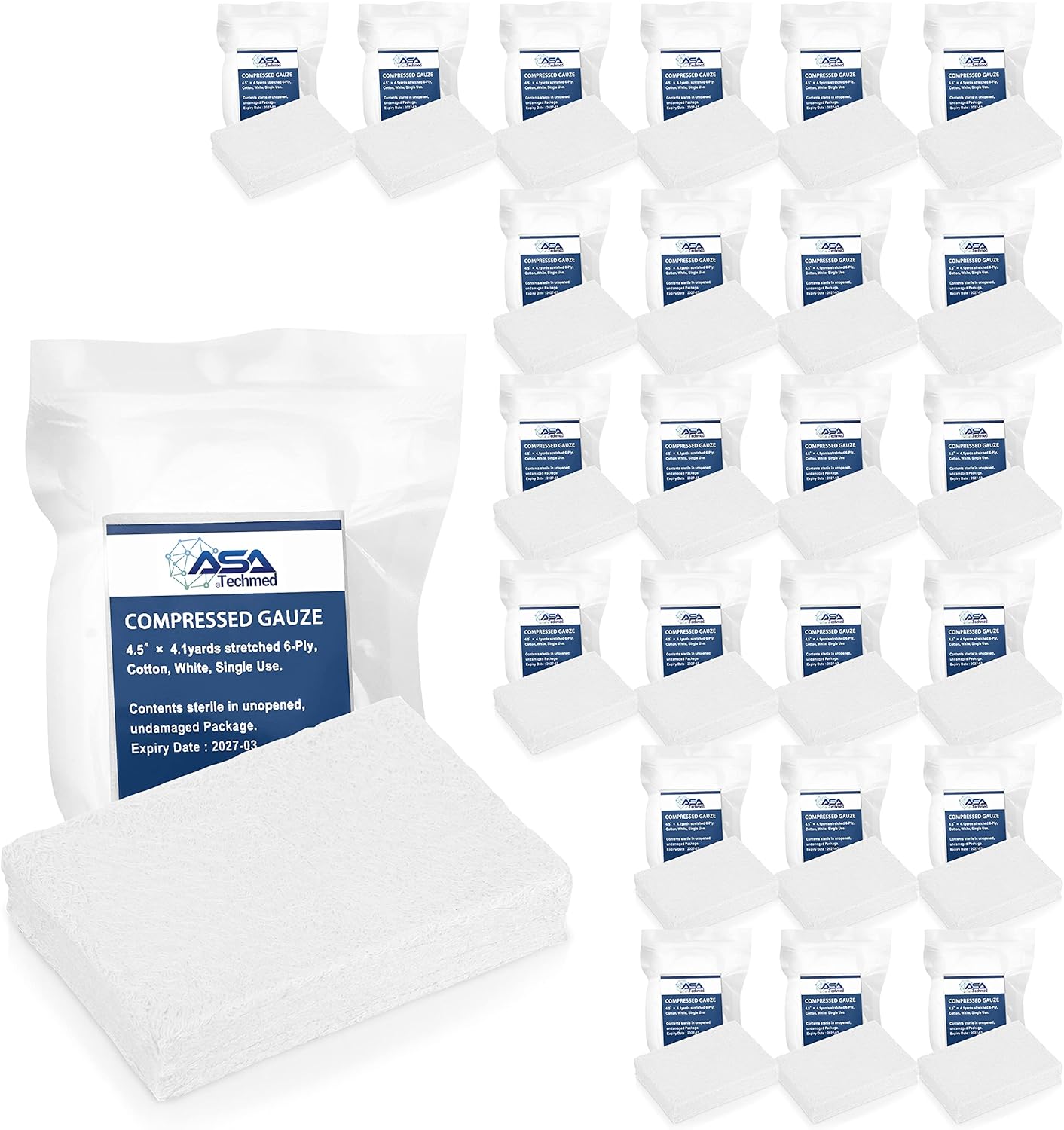 ASA TECHMED Sterile Compressed Gauze for Emergency Wound Dressing, First Aid and Trauma Kit, 25 Pack