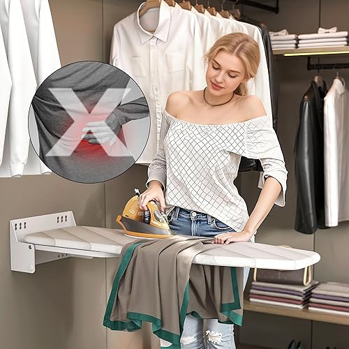 Miniatura 6 de Tabla de planchar montada en la pared de 37.4 x 11.8 pulgadas, tabla de hierro plegable de montaje compacto plegable de 180 con cubierta resistente