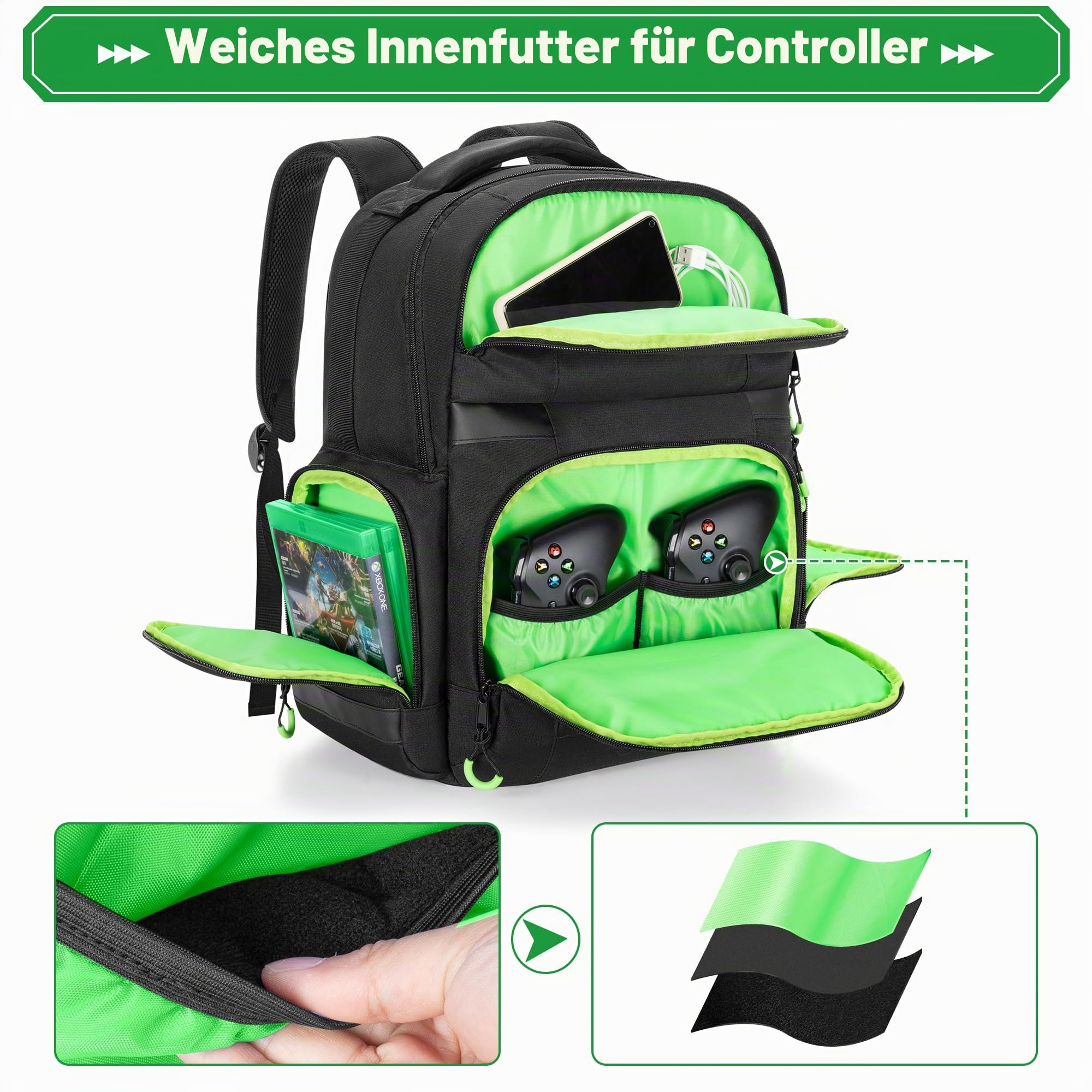 PGmoon Rucksack Kompatibel mit Xbox Serie X/S Konsole | Tasche mit Separatem Stauraum für Konsole, Headset, Controller, Mehrere Taschen für Zubehör (Patent Design)