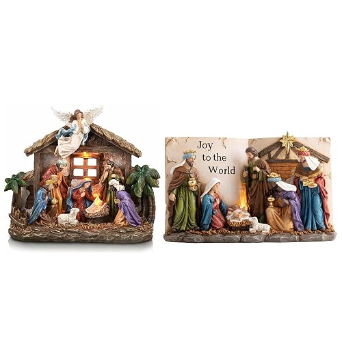 Christmas Nativity Figurines with LED Lights, Red Gold Large Holy