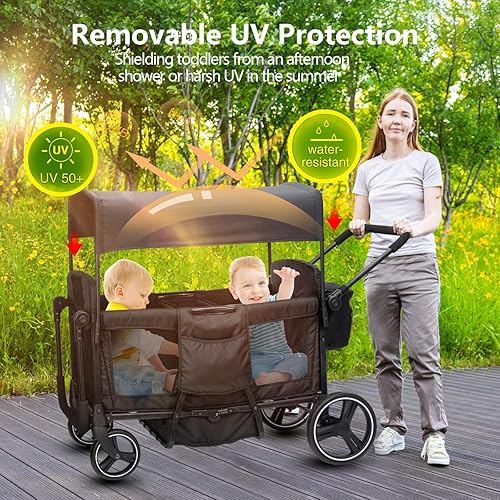 Miniatura 4 de Cochecito para 2, 3, 4, niños, 4 plazas, todo terreno, vagón de bebé, plegable, ligero, con arnés de 5 puntos, toldo, bandeja de aperitivos para