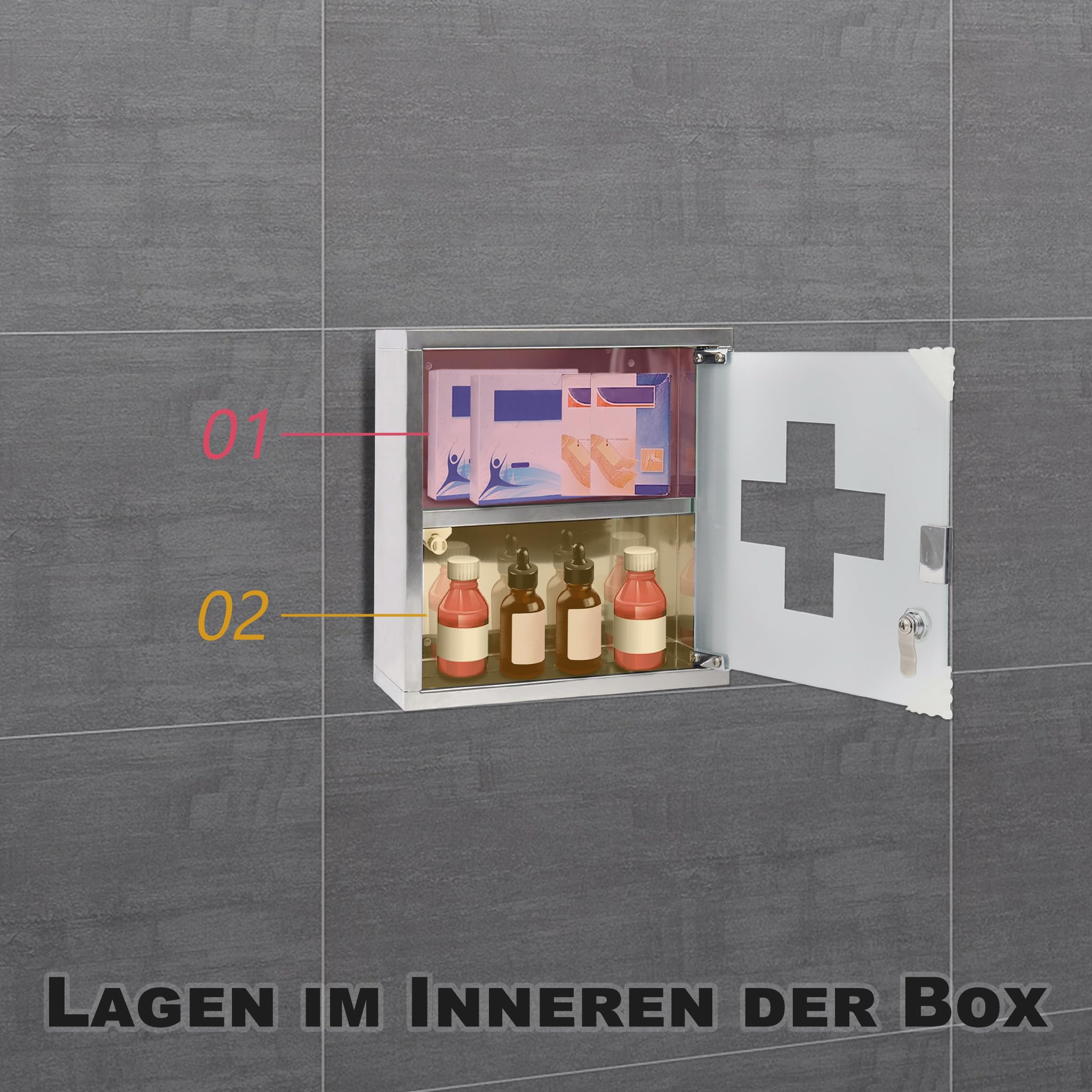 Medizinschrank, Apothekerschrank aus Edelstahl, Medikamentenschrank mit 2 Fächer, Arzneischrank hängend Medikamenten Aufbewahrung - 30x12x30 cm