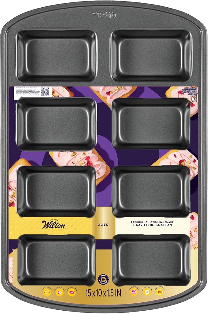 Wilton Gold Premium Non-Stick Warp-Resistant Bakeware, Made without PFAs, Mini Loaf Pan, 8-cavity, 15 x 10 x 1.5 in, Packaging May Vary