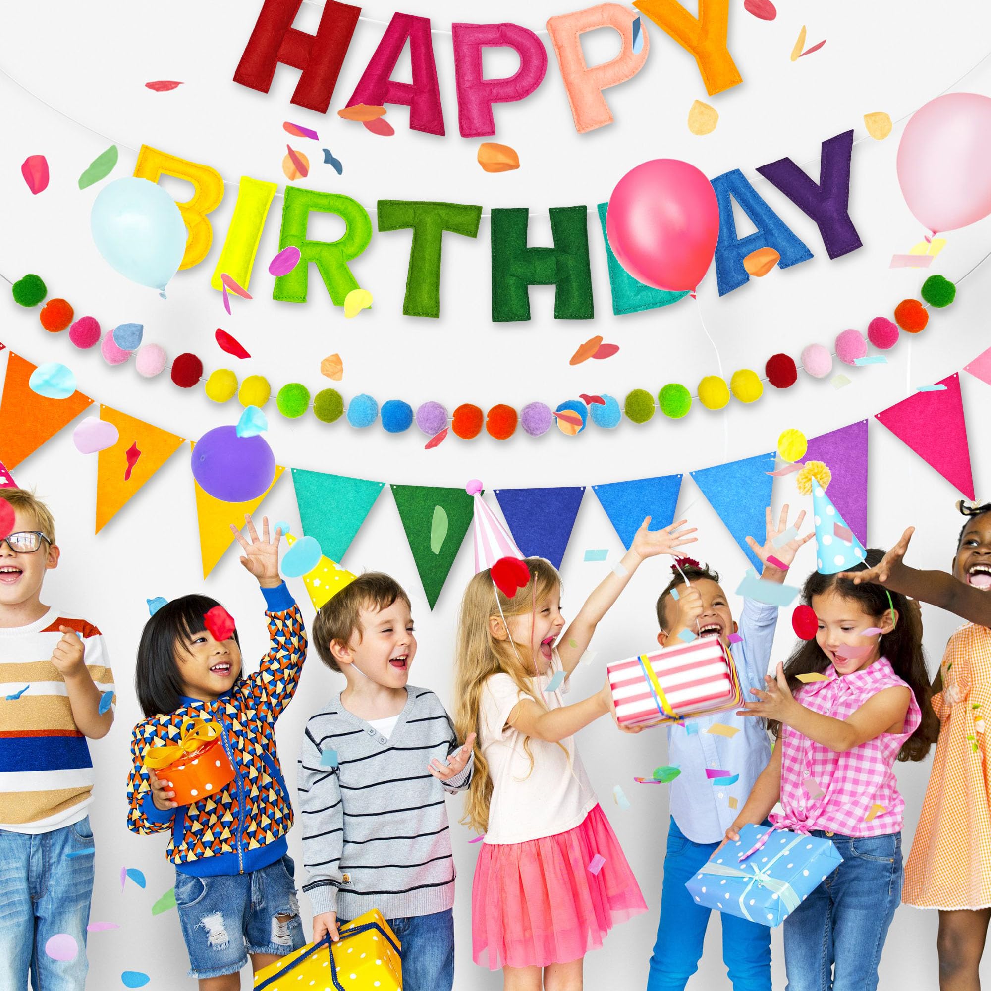 Cartel de feliz cumpleaños preencordado, guirnalda de bolas de fieltro, guirnalda de feliz cumpleaños, letras y bolas de fieltro natural reutilizables hechas a mano para decoración de fiesta de