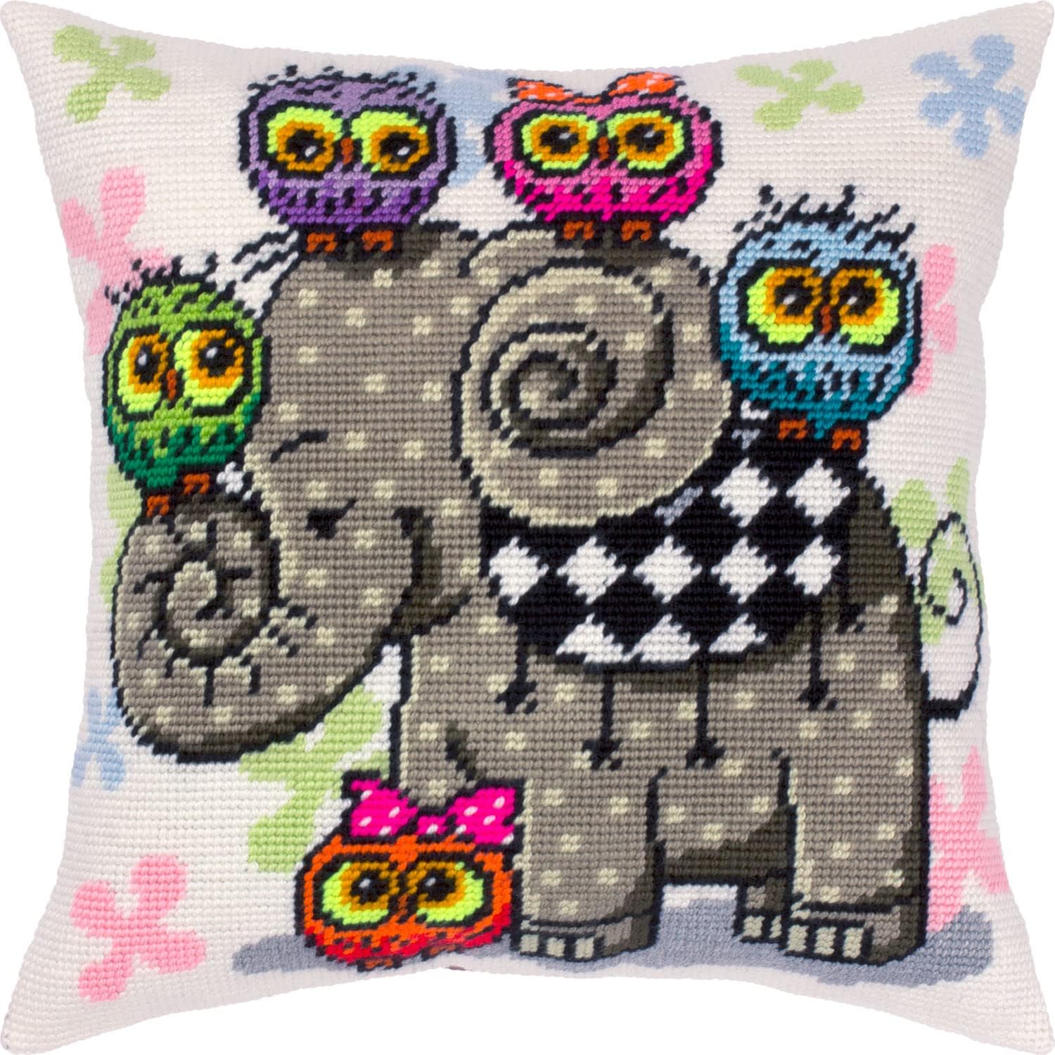 Brvsk Kid’s Room Embroidery Kit for Adults and Beginners — Elephant and Owls 16″ × 16″ with Clear, Precise Printed Design on Cotton Canvas; Includes 2 Needles, Yarn, and Easy-Read Chart