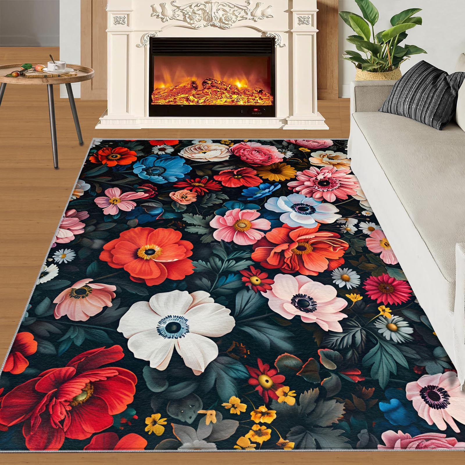 Tapis à fleurs pour chambre de fille - 150 x 180 cm - Antidérapant - Lavable - Motif botanique vintage - Tapis doux à poils courts - Motif floral