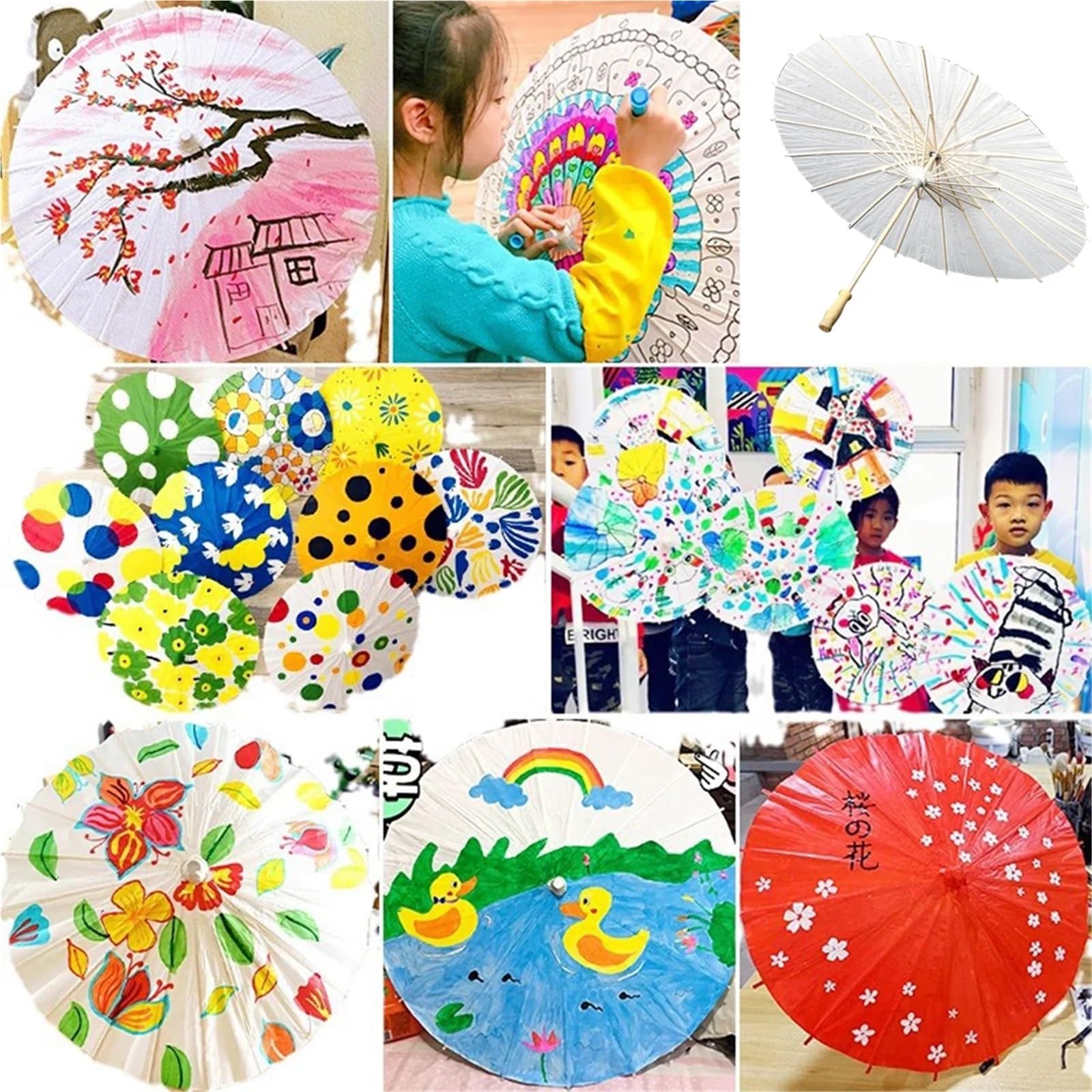 Sonnenschirm Hochzeit 1-10 STÜCKE Sonnenschirm Regenschirme Hochzeit Foto Cosplay Prop 60 cm Papier Regenschirm DIY Weißen Regenschirm Sommer Weißen Party Strand Dekor(10 pcs)