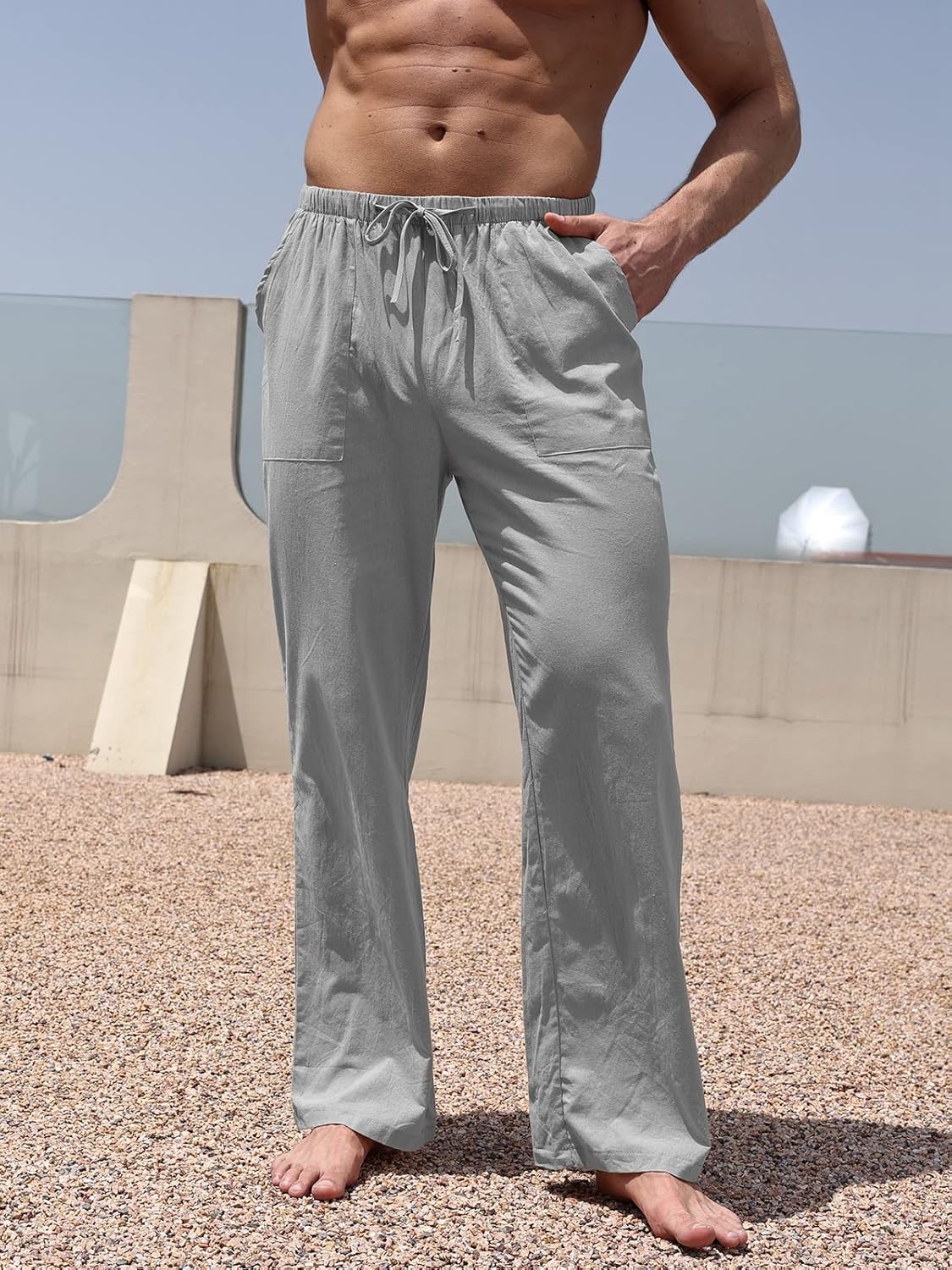 WOWULOVELY Mens Casual Cotton Linen Pants Loose Lightweight Elastic Waist Trouser Yoga Beach Pant Pockets