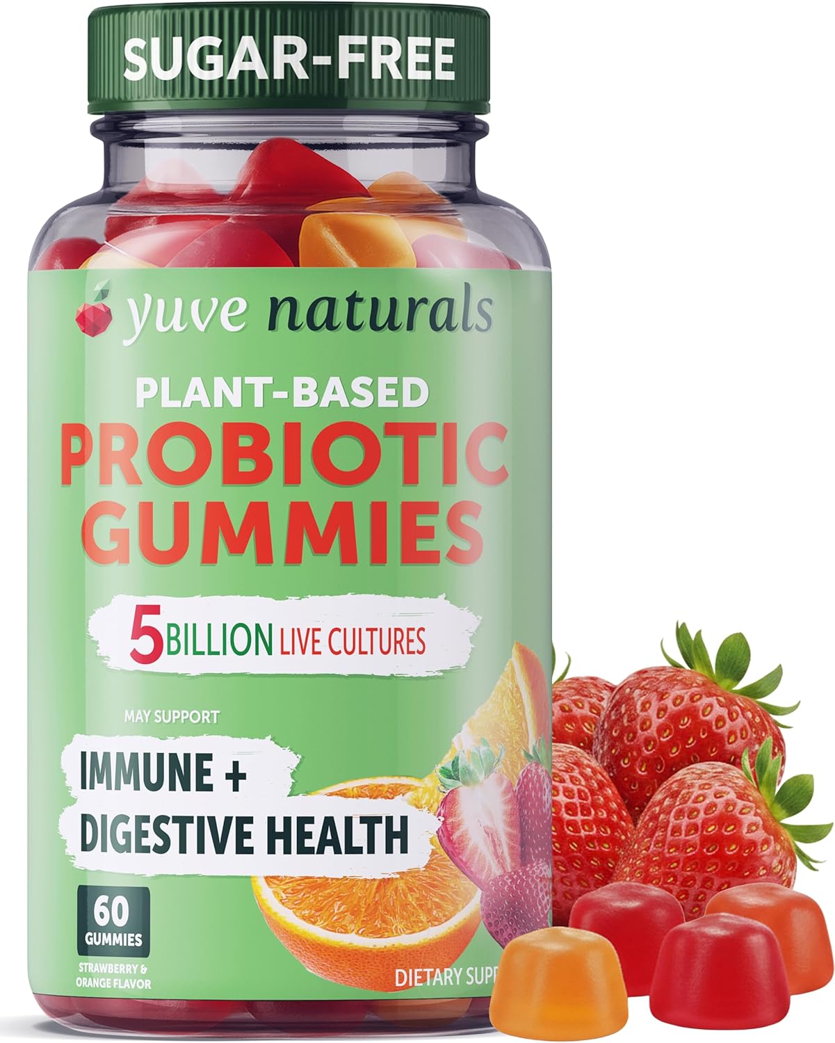 Yuve Natural Sugar Free Probiotic Gummies 5 Billion CFU, Helps with Constipation, Bloating & Leaky Gut – Vegan, Gluten-Free & Non-GMO – 60ct