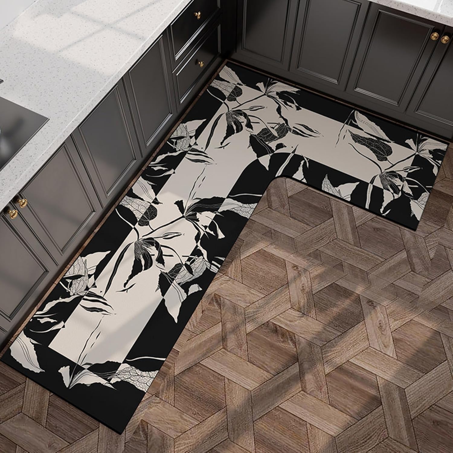 l-shaped kitchen rug - non-slip absorbent floor mat, washable anti-fatigue corner carpet for sink area, oil & water proof kitchen mat (ebony left l, 39''x59''x18'') 3'3" x 4'11" (l-shape) ebony left l