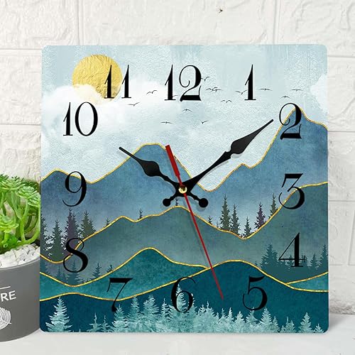 ArtSocket Reloj de pared de madera Green Mountain, silencioso, sin tictac, estilo bohemio, de mediados de siglo, sol, paisaje, bosque, cuadrado,