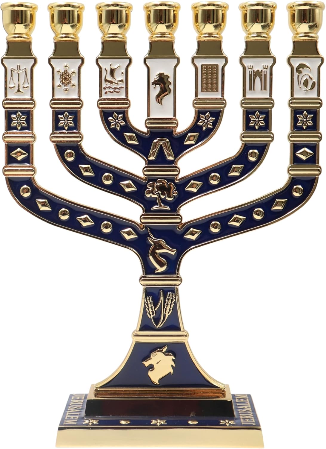 Jerusalem Blue Enamel 7 Branch Menorah 10.8" high, with 12 Tribes of Israel, Candlestick Candle Holders (10.8 inch)