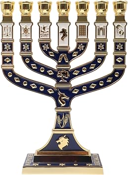 القدس المينا الزرقاء 7 فرع منورة 10.8 بوصة ، مع 12 قبيلة من إسرائيل ، شمعدان شمعدان 10.8 بوصة