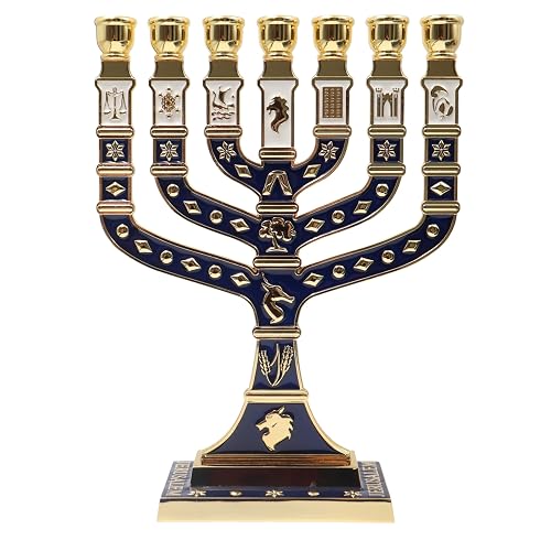 Jerusalem Blue Enamel 7 Branch Menorah 10.8" high, with 12