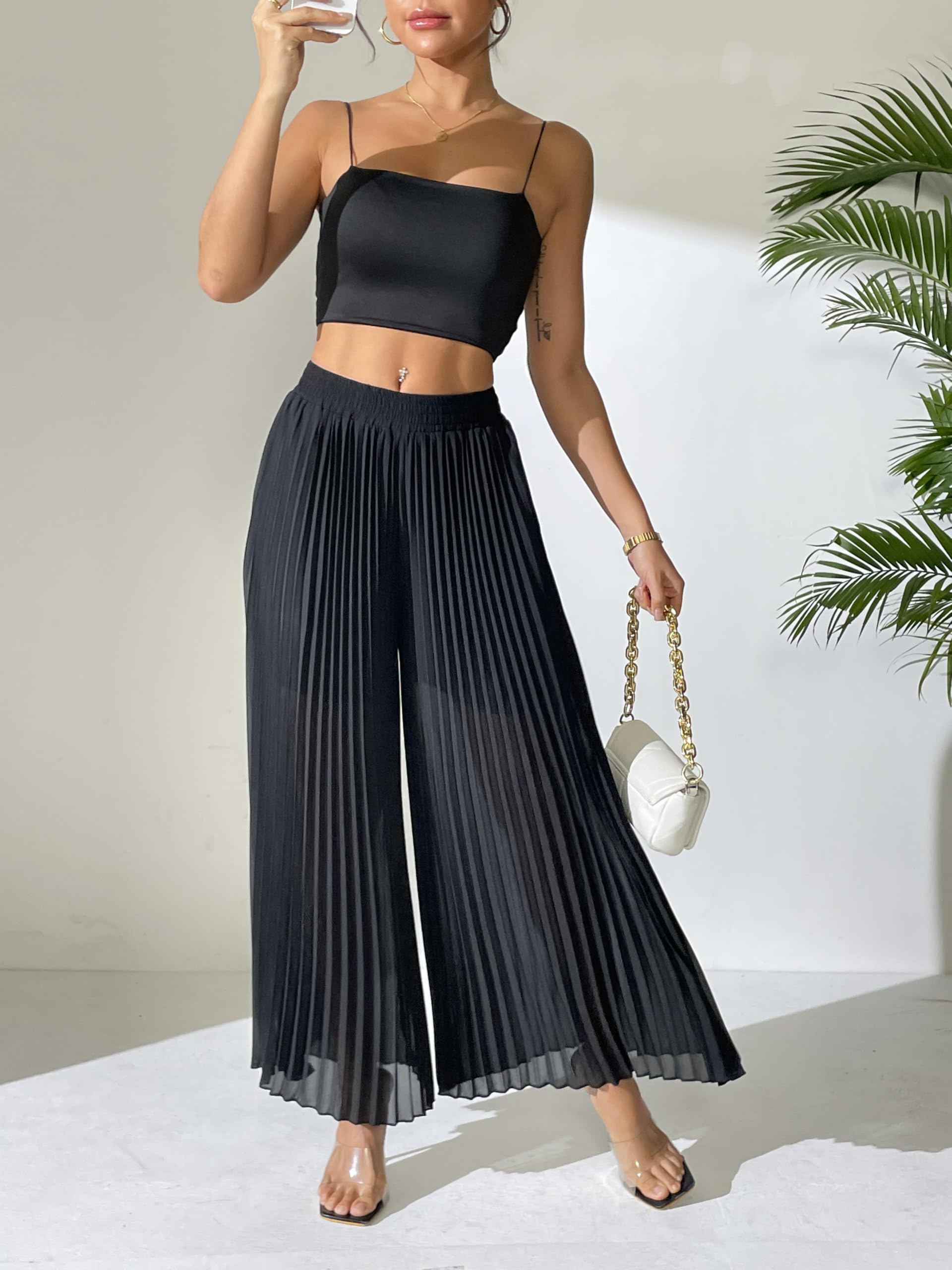 heipeiwa Damen Chiffon-Palazzo-Hose, plissiert, weites Bein, bauchfrei, Caprihose, elegante Freizeithose