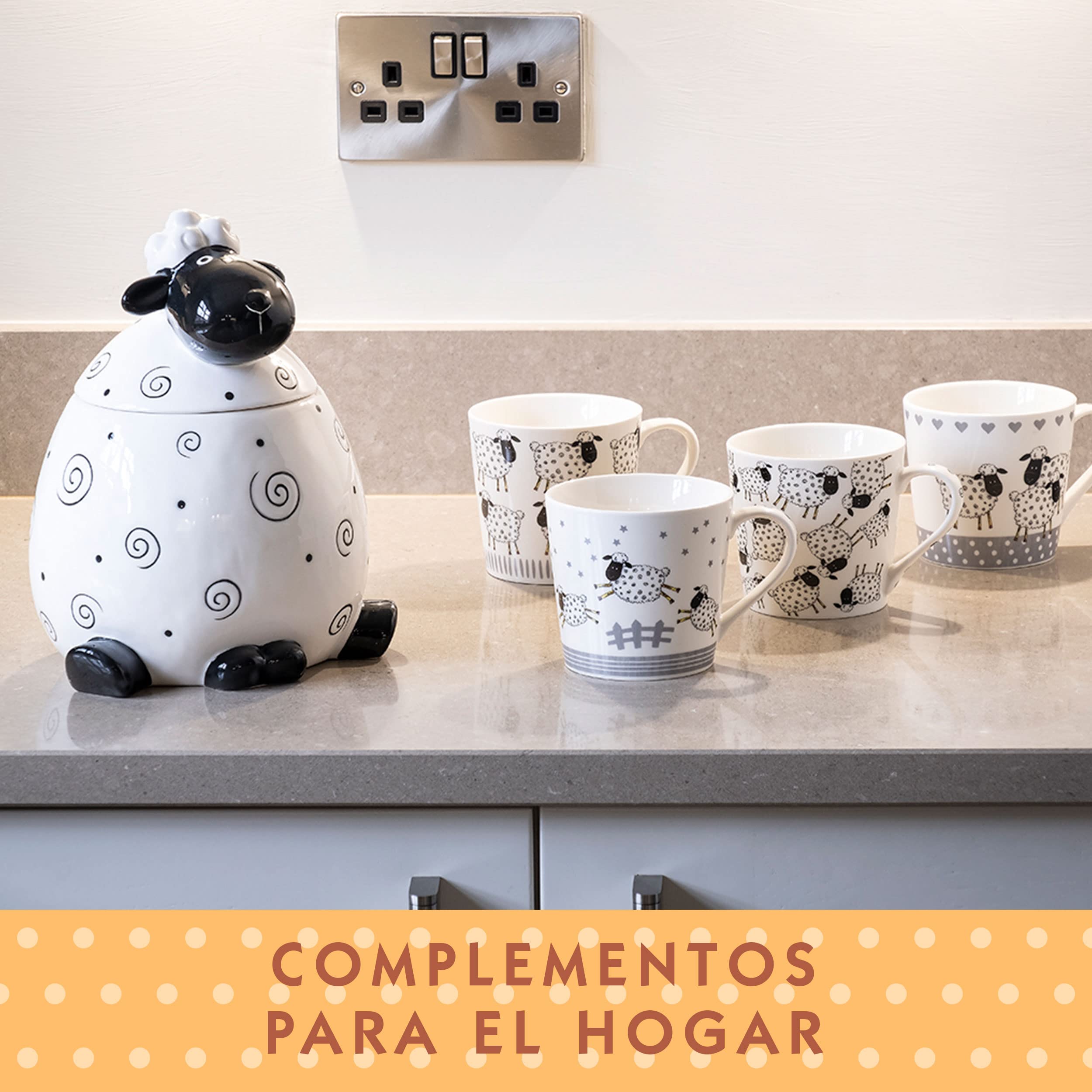 SPOTTED DOG GIFT COMPANY Bote Galletas de Cerámica con Oveja, 2200 ml Galletero Negro y Blanco con Tapa, Regalo para Amantes Animales