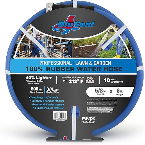BluSeal - Manguera de jardín de goma para agua calientefría, 100% goma, ultraligera, súper fuerte, 500 PSI, 50F a 190F grados, poliéster trenzado de