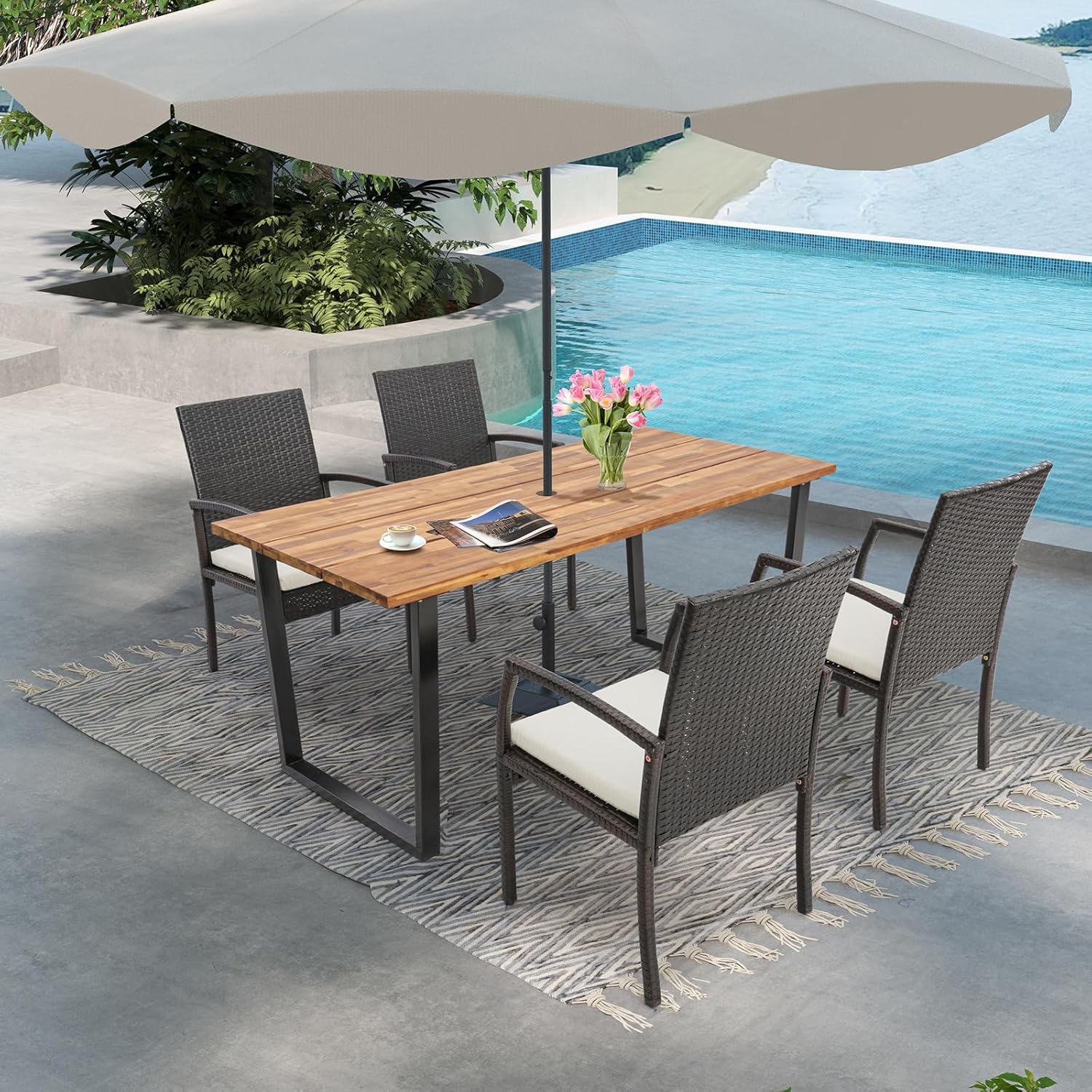 Tangkula 5 Piece Patio Rattan Dining Set, Outdoor Wicker Chair & Dining Table Set, Acacia Wood Tabletop w/Umbrella Hole, Seat Cushions Included, Space-Saving Design, Backyard