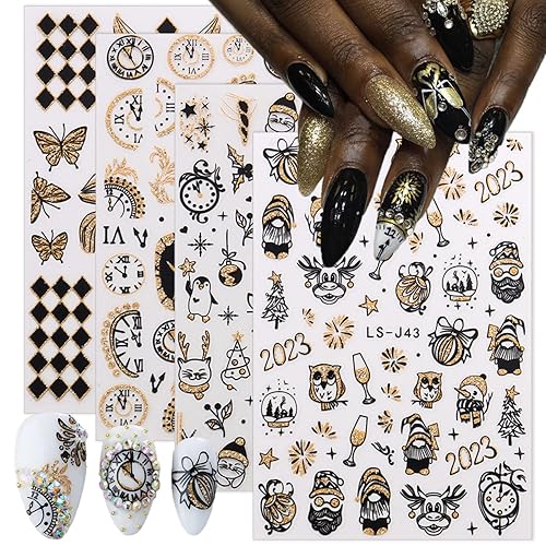 Calcomanías de arte de uñas de Navidad, calcomanías 3D doradas con purpurina para uñas de Año Nuevo, diseño de mariposas, fuegos artificiales, 3D,