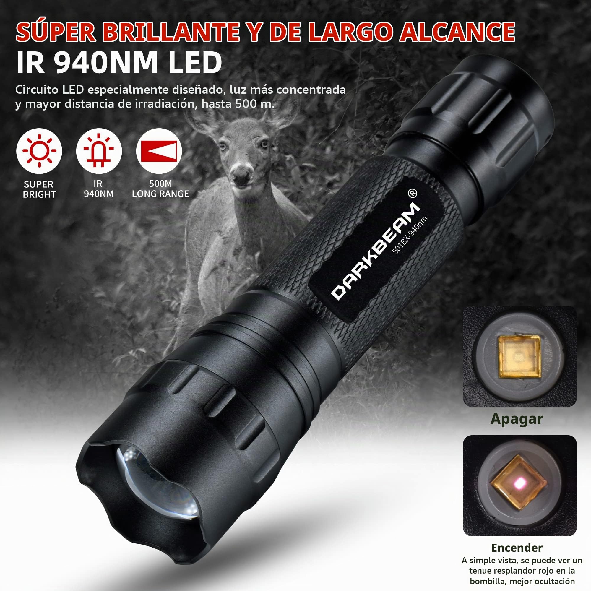 DARKBEAM Linterna de Infrarroja 940nm, IR Iluminación para Dispositivo | Visión Nocturna - Luz Infrarrojos Invisible LED Recargable Largo Alcance Potente con Zoom para Caza, Observación, con Clip