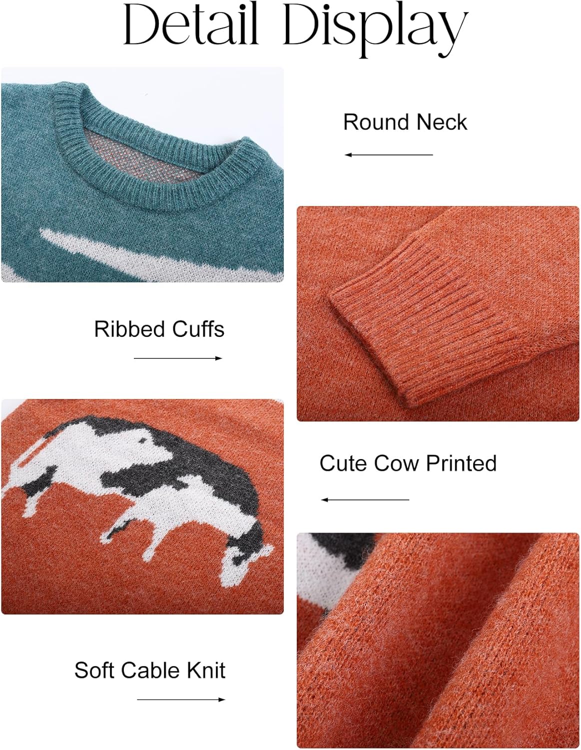 Kissonic Mens Vintage Oversized Sweater Cow Long Sleeve Crew Neck Knitted Grassland Pullover Jumper Unisex Tops - Image 4