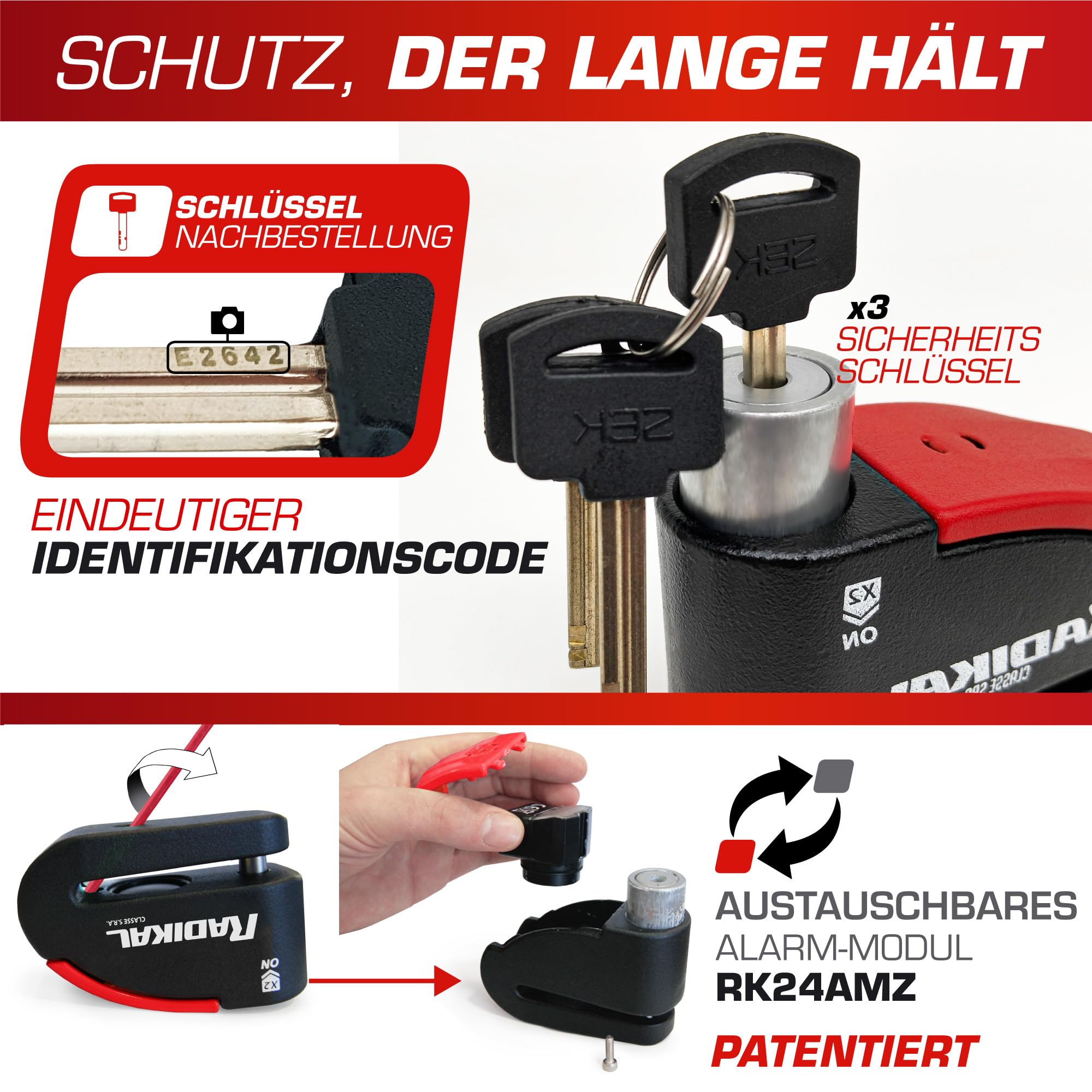 RADIKAL RK15 Bremsscheibenschloss Premium mit Alarm | Aktivierung nach Wahl, 120 dB, LED Warnung Voralarm | Motorrad Schloss SRA-zertifiziert, aus zementiertem Stahl, Doppelverriegelung Ø14, Rot