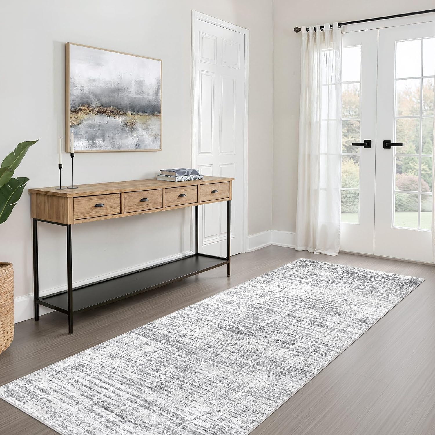 Runner Rug Non-Slip Kitchen Rug: 3x8 Washable Abstract Modern Soft Stain Resistant Indoor Floor Neutral Accent Throw Carpet for Hallway Bathroom Laundry Room Bedroom Entryway- Grey