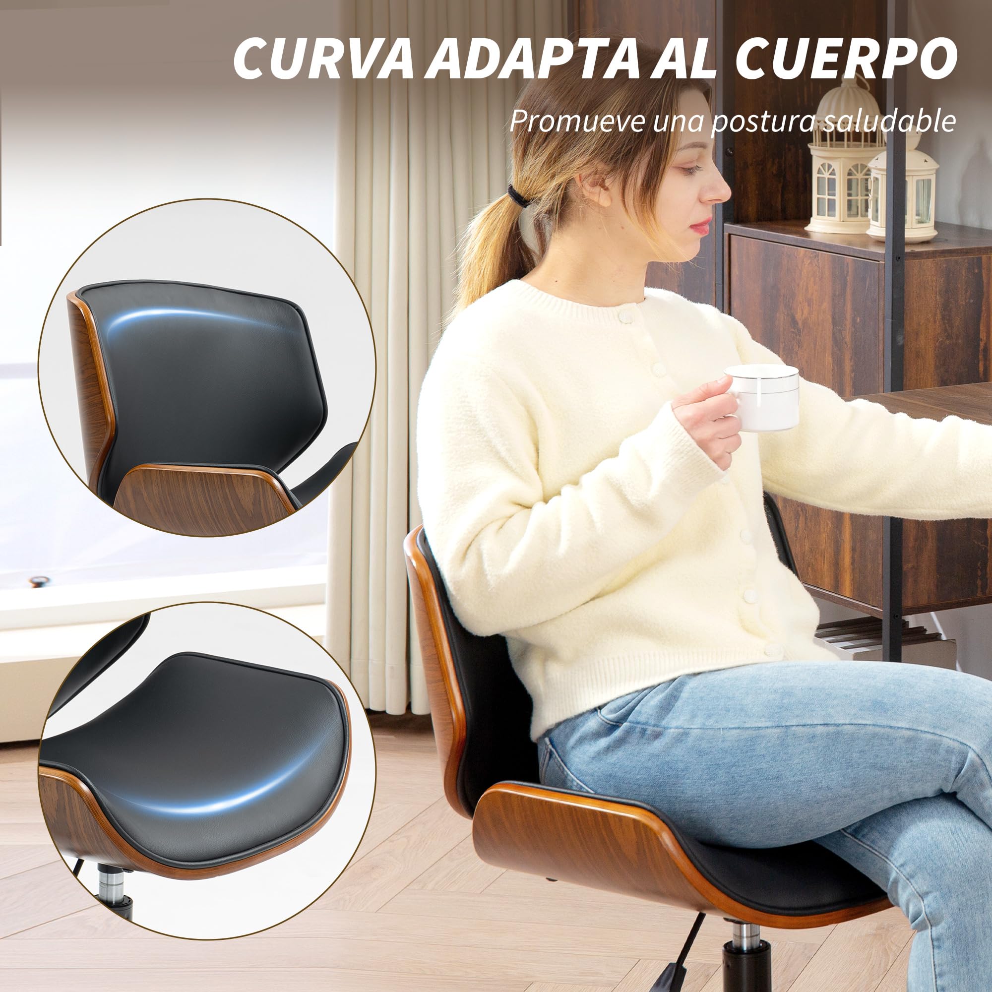HOMCOM Silla de Oficina sin Brazos Vintage Giratoria Negro y Marrón | Silla de Escritorio, Tapizada en PU, Madera Curvada, Altura Ajustable, Respaldo Curvado