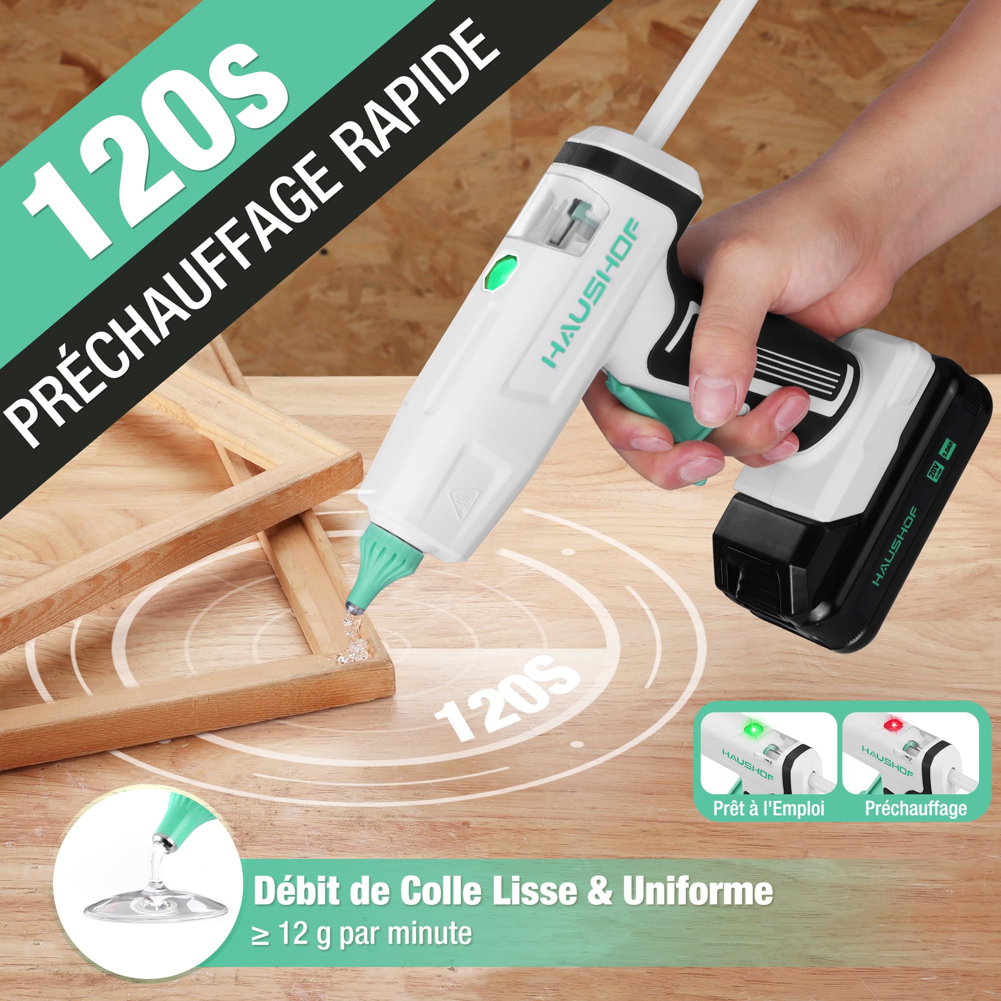 HAUSHOF Pistolet à Colle Chaude Sans Fil 20 V avec Batterie et Chargeur | 20 Bâtons de Colle 11×150 mm, Arrêt Automatique, Chauffage Rapide pour Bricolage, Artisanat et Réparations Rapides