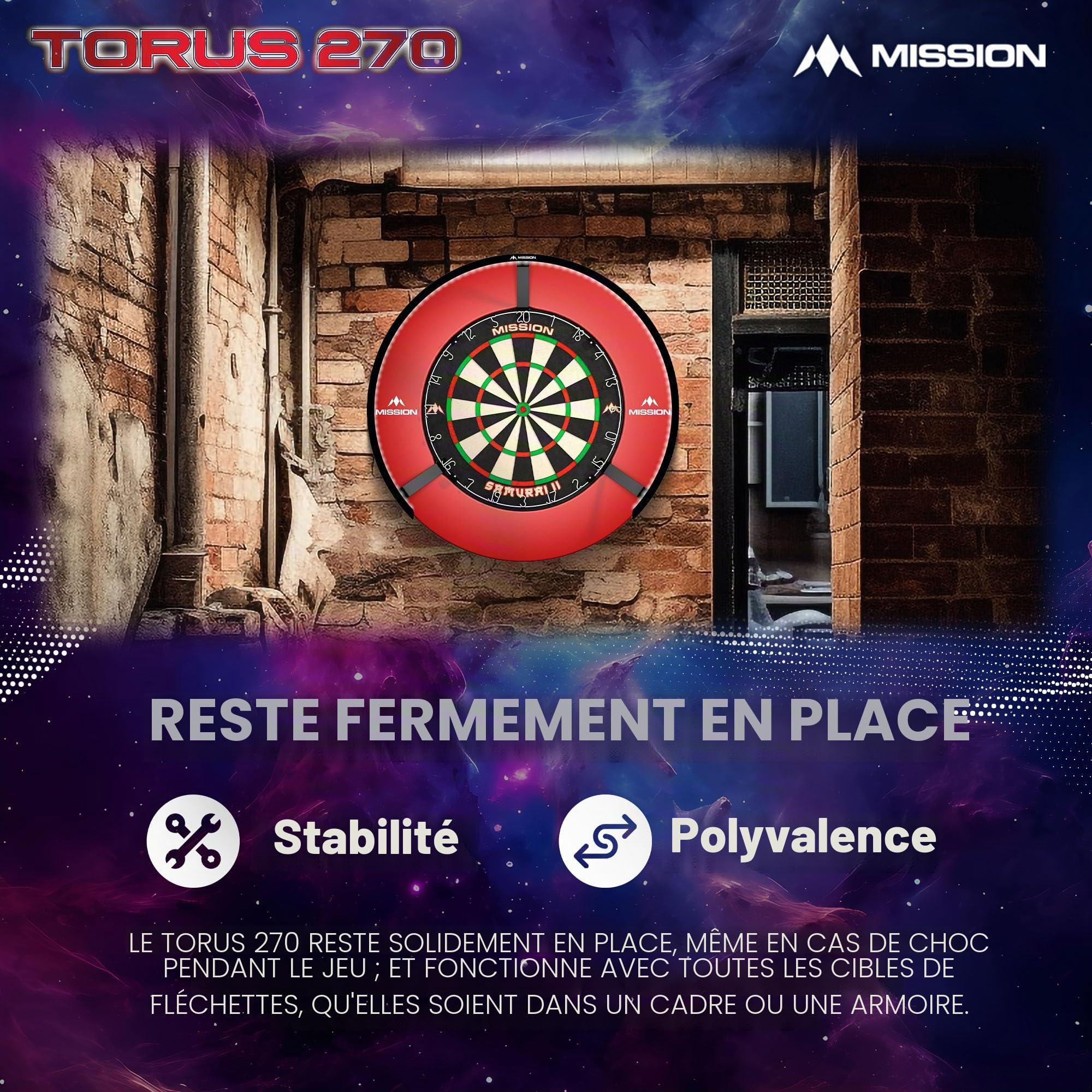 Mission Darts Torus 270 | Système d'éclairage LED pour cible de fléchettes avec accès facile à la zone de jeu de fléchettes pour un jeu illimité. Disponible en noir, rouge et bleu sablé