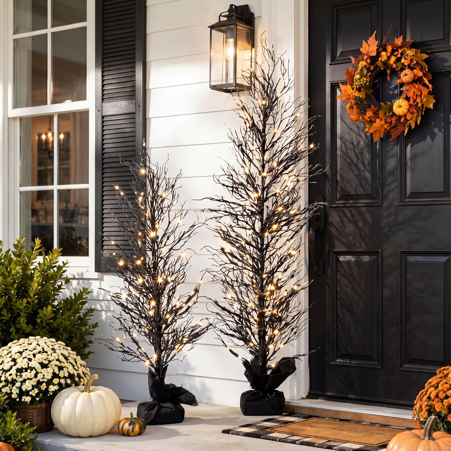 2 Pcs Halloween Black Twinkling Tree 3ft 5ft Artificial Tree with Warm White LED Fairy Lights Gothic Light up Fake Twig for Indoor and Outdoor Halloween Party Decoration
