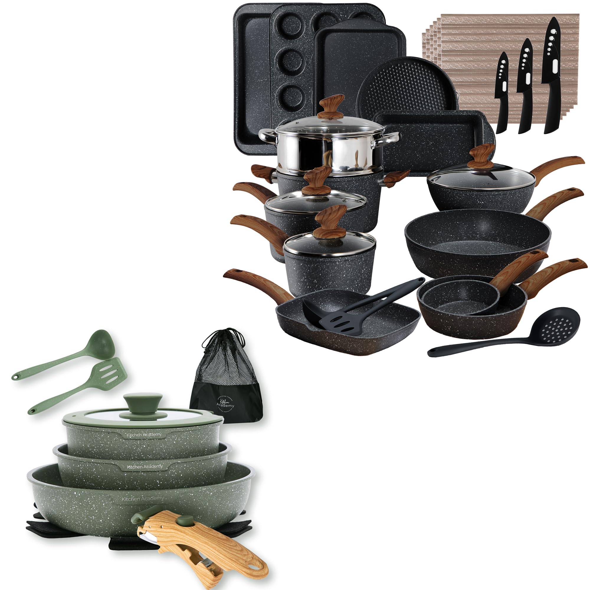 Kitchen Academy 30Pcs Bakeware & Cookware Set + 10Pcs Rv Pots and Pans Set with Removable Handle Cookware Sets