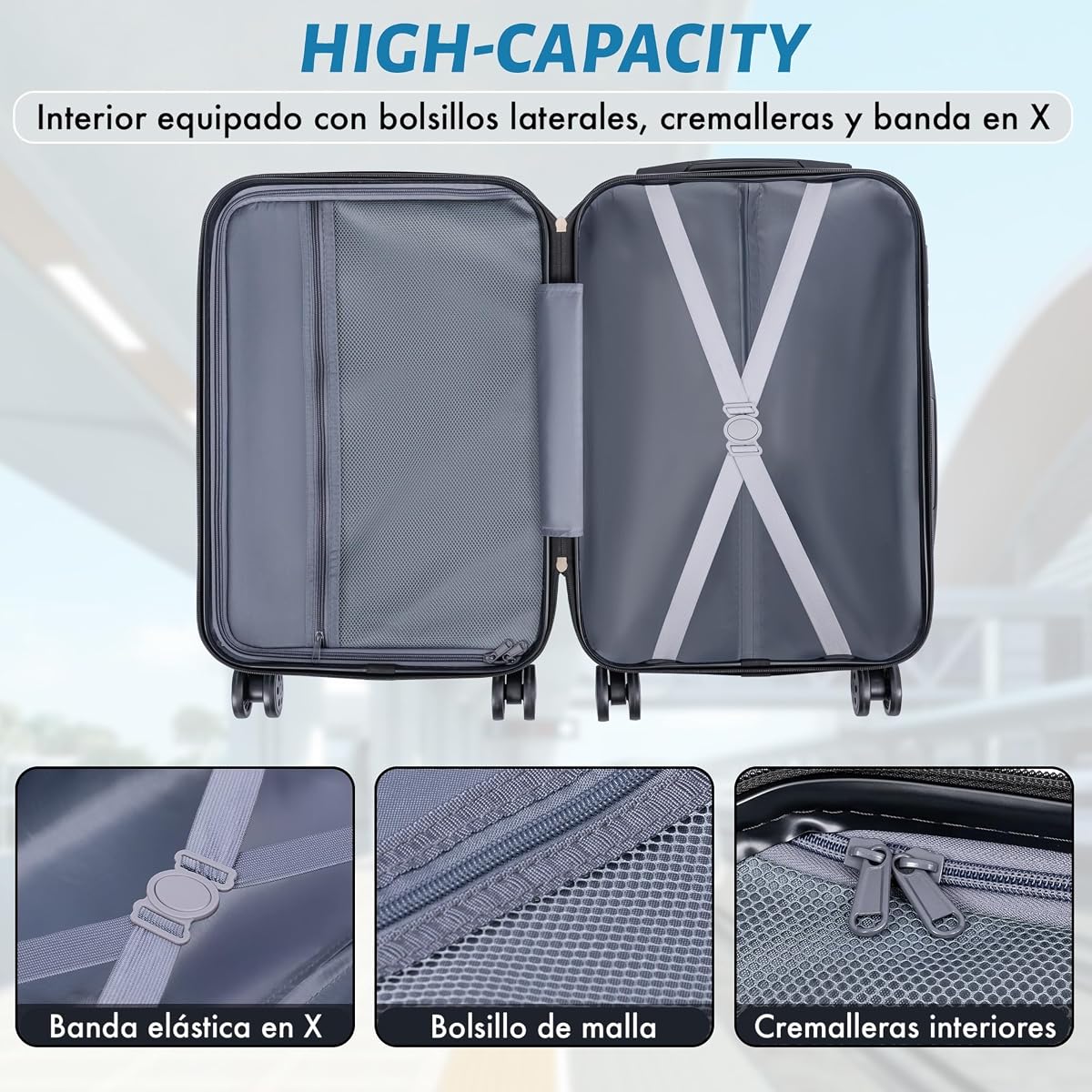 Maleta de Cabina rígida Ligera de ABS con Ruedas Dobles 360°, Tirador telescópico y Asas reforzadas | Equipaje de Mano Compacto y Resistente con Interior Forrado y Compartimentos organizadores — view 6