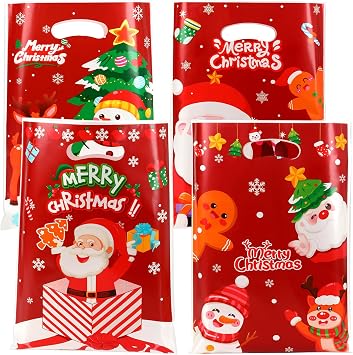 Christmas Gift Bags with Handles, 50Pcs Small Christmas Treat Bags Bulk Plastic Goodie Bag for kids, Snowman Santa Claus Candy Cookie Snacks Party Favor Bag for Xmas Holiday Party Decoration Supplies