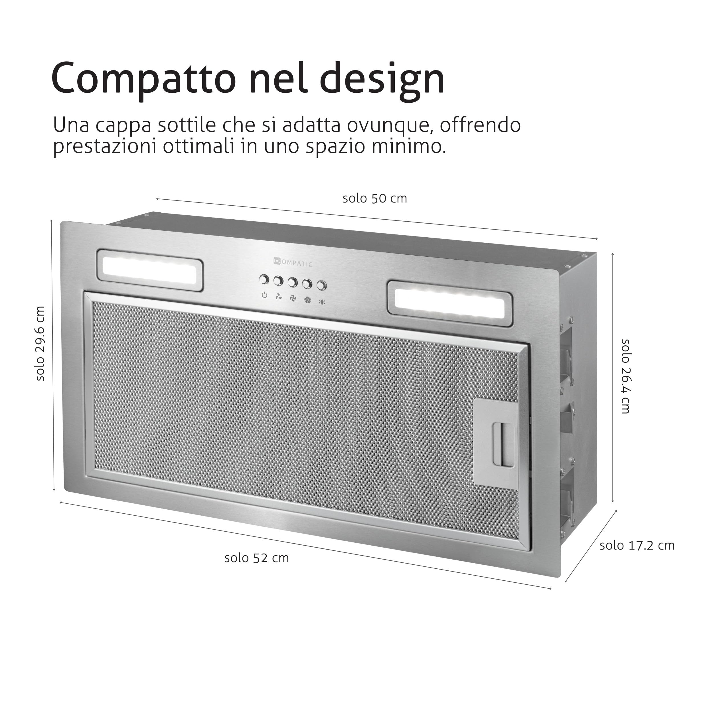 Lane 50 KLN50SI Cappa Aspirante Incasso, A+++, 50 cm, 450 m³/h Filtri a Carbone Inclusi KCF4, Modalità Ricircolo o Estrazione, Controllo elettronico, Timer, LED, 3 velocità + boost,Inox