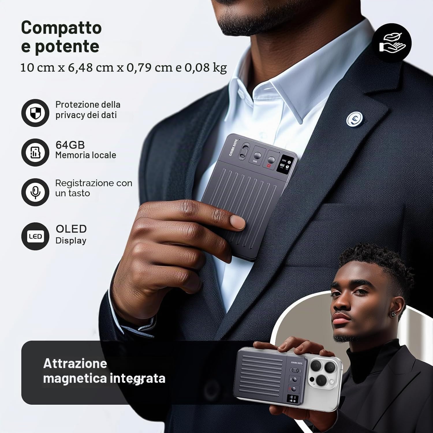 Registratore Vocale AI, Controllo APP del Registratore Vocale Digitale, Trascrizione e Sintesi e Traduzione Potenziato da ChatGPT, Ricarica Wireless, 64GB di Memoria per Conferenze, Riunioni, Chiamate
