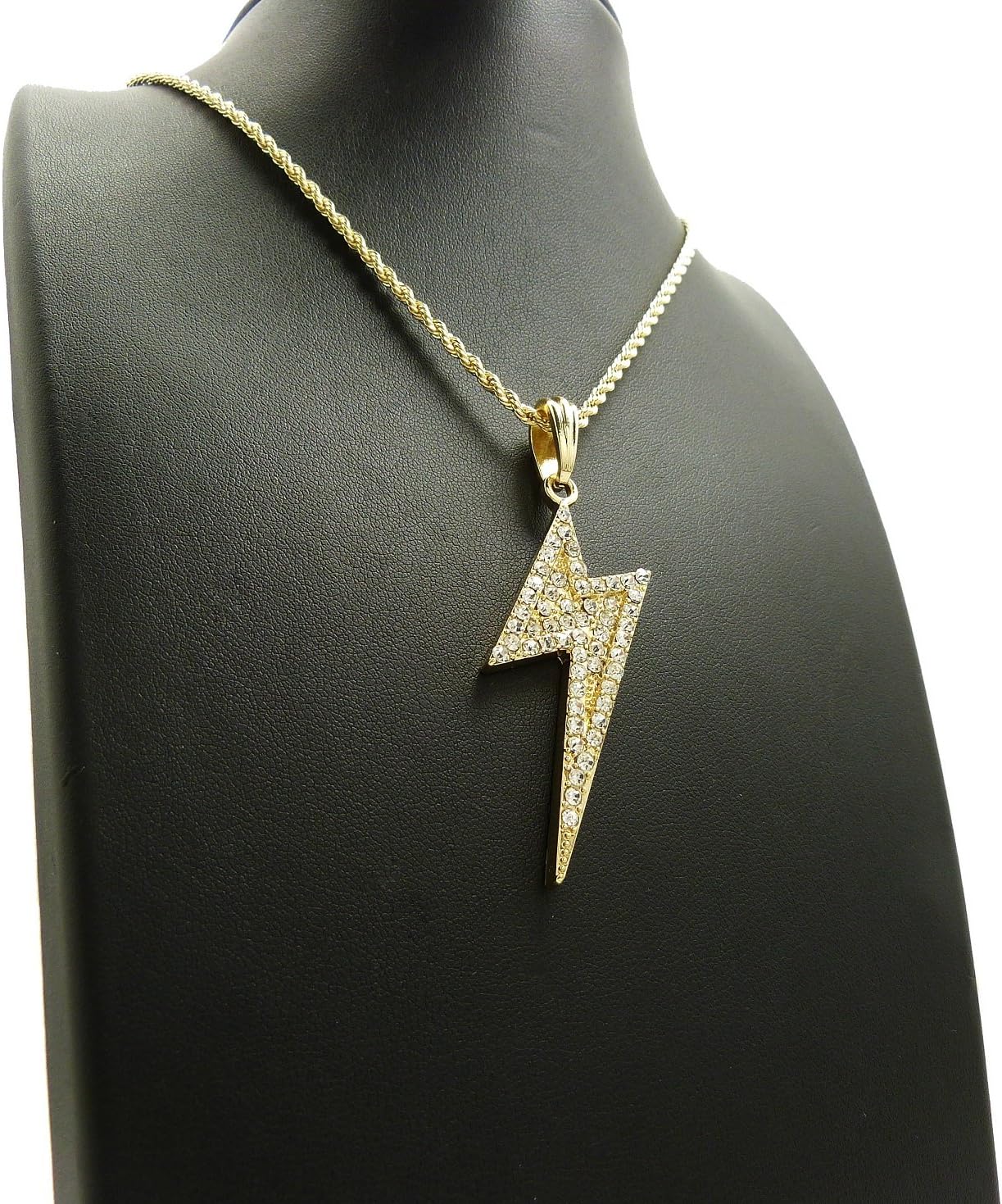 CBC Crown Stone Filled Lightening Bolt Style Pendant in 18"/20"/24" Box, Cuban, Franco or Rope Chain Necklace in Gold or Rhodium Tone